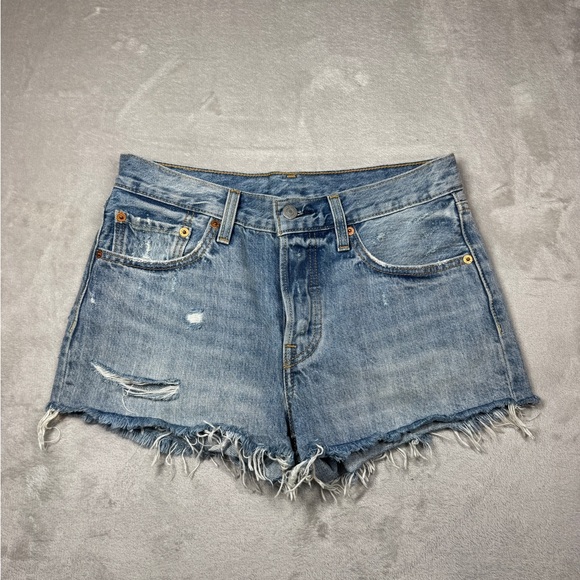 Levi’s 501 Cut Off Distressed Button Fly Waveline Denim Blue Jean Shorts 26 - Picture 2 of 16